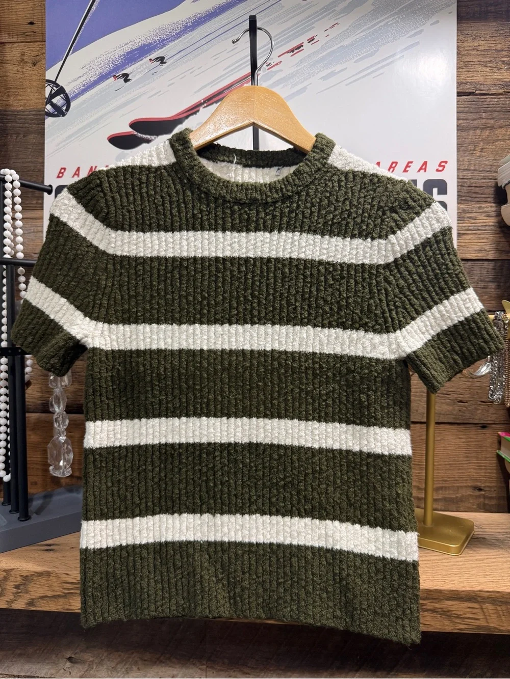 J. Crew Olive & Cream Striped Ribbed Crewneck Sweater